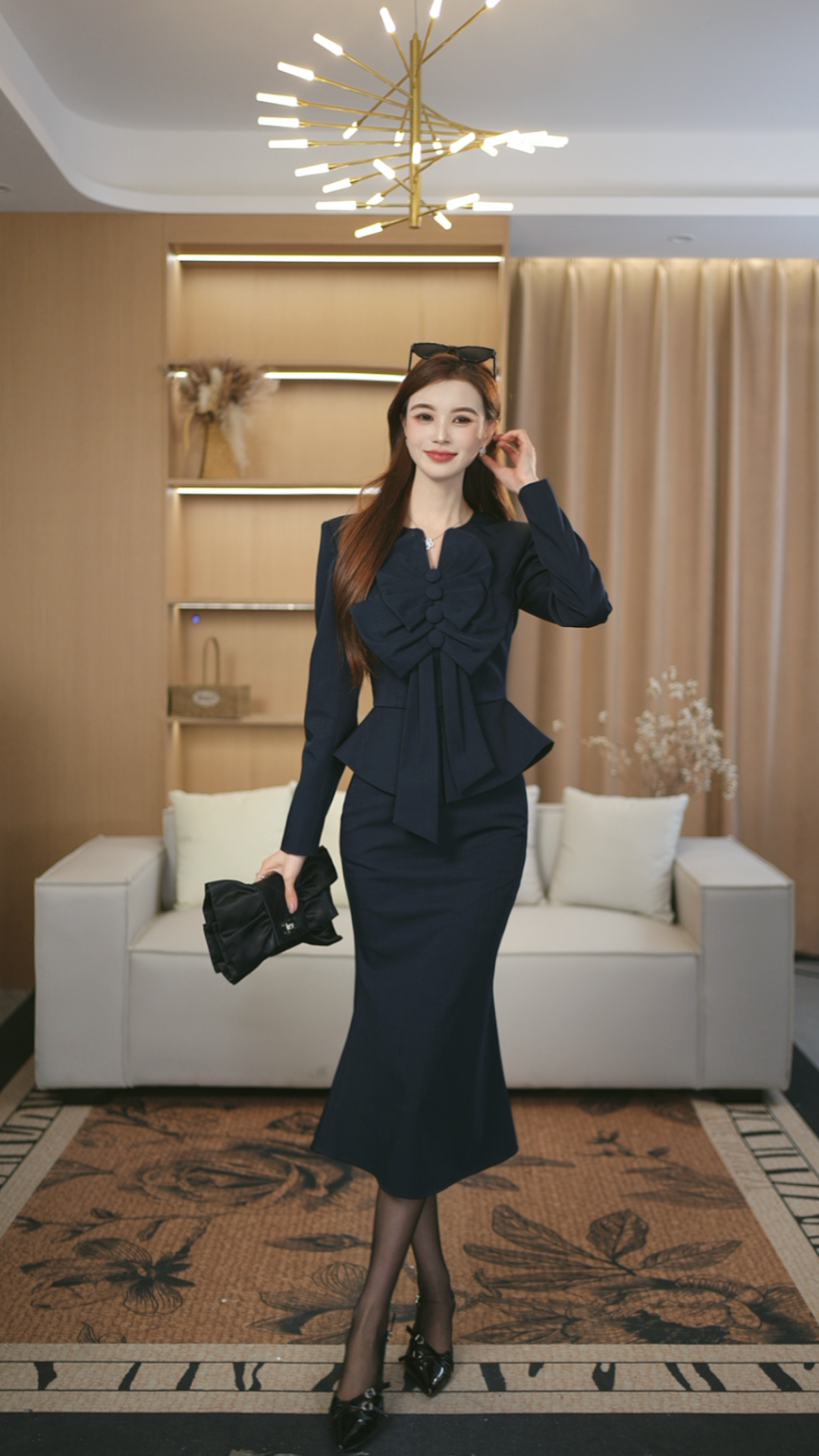 罗曼湾湾 原创高定蓝色气质时尚收腰蝴蝶上衣+鱼尾裙套装两件套