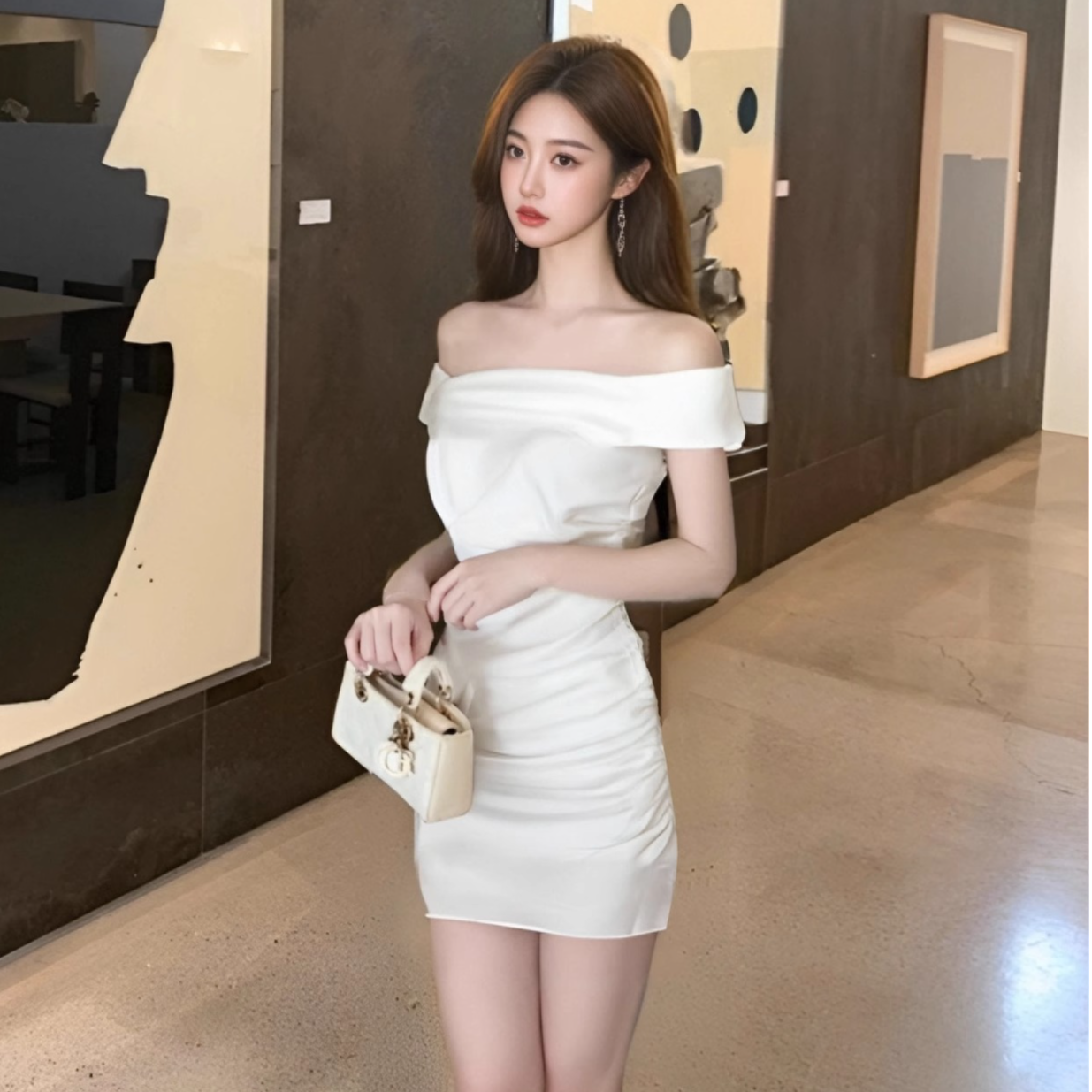 白色一字肩短袖连衣裙夏季新款气质优雅辣妹包臀短裙收腰显瘦裙子