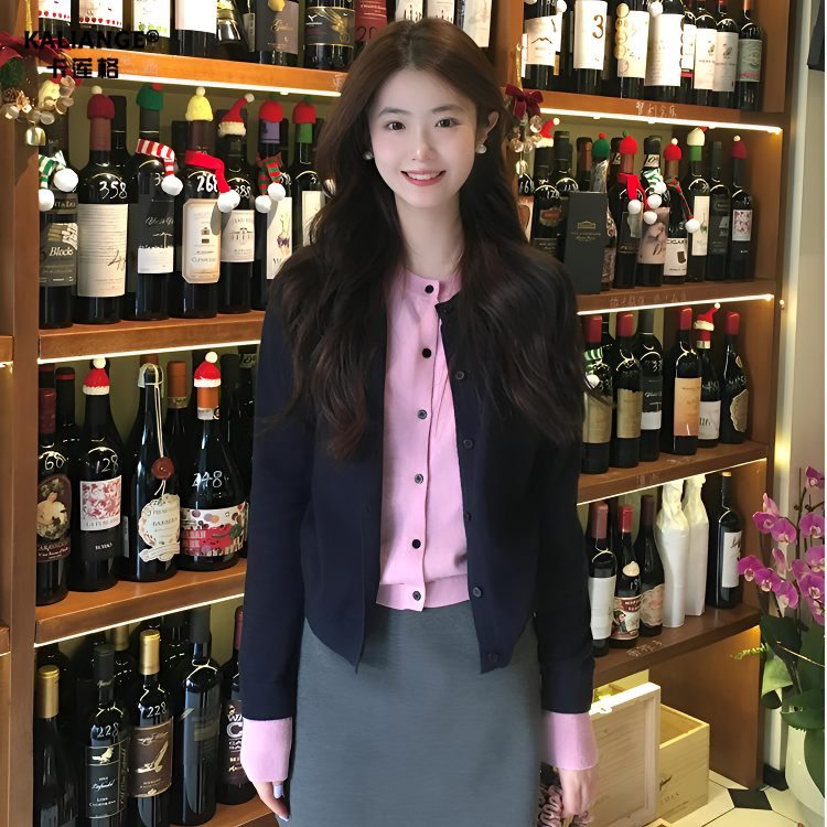 卡莲格/韩系学院风撞色假两件针织开衫女秋冬设计感软糯毛衣外套