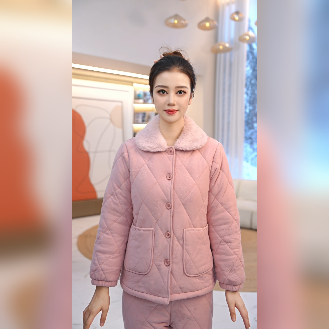 秋鹿针织提花三夹棉扣领长袖长裤女套保暖冬季家居服