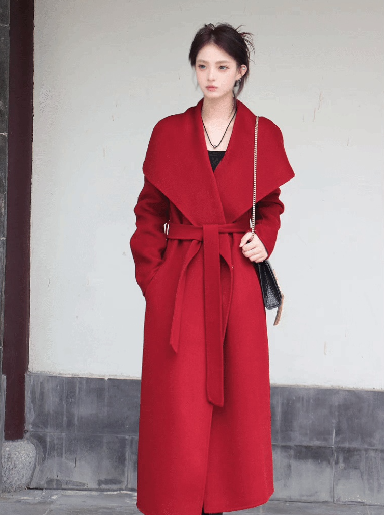 气质长款轻奢女装秋冬毛呢赫本风长款大翻领双面呢大衣