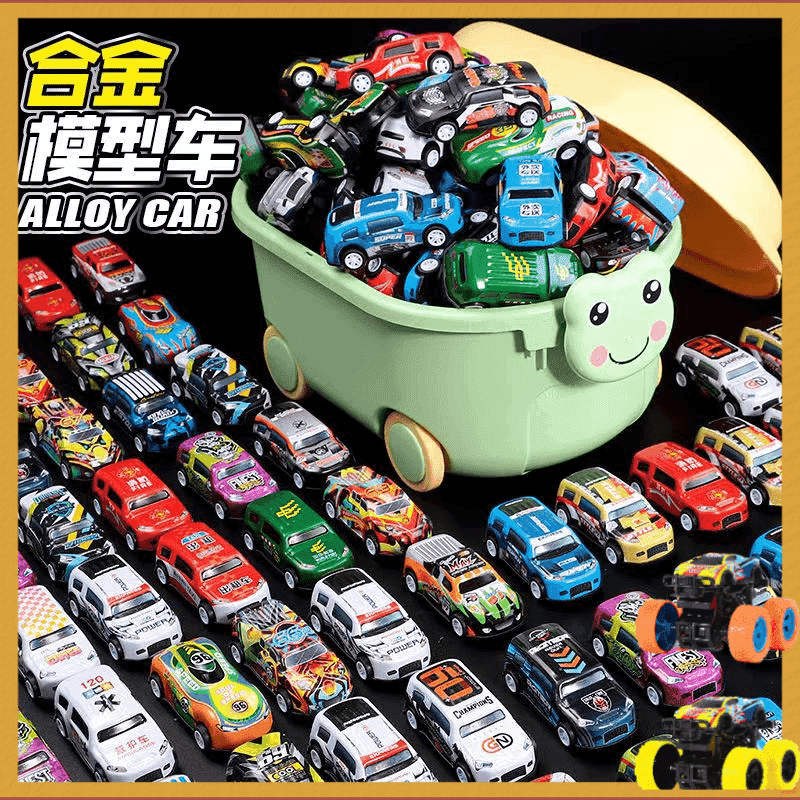 【爆款】金属回力小汽车惯性大越野车儿童玩具车铁皮合金车收纳箱装