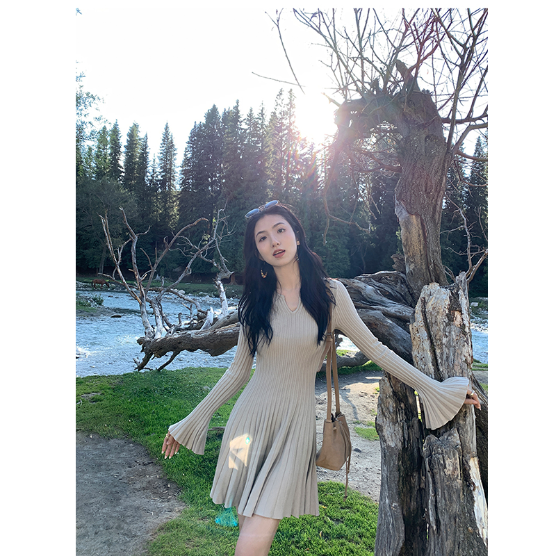 轻奢风洋气针织连衣裙女秋季新款V领长袖设计感收腰显瘦气质短裙