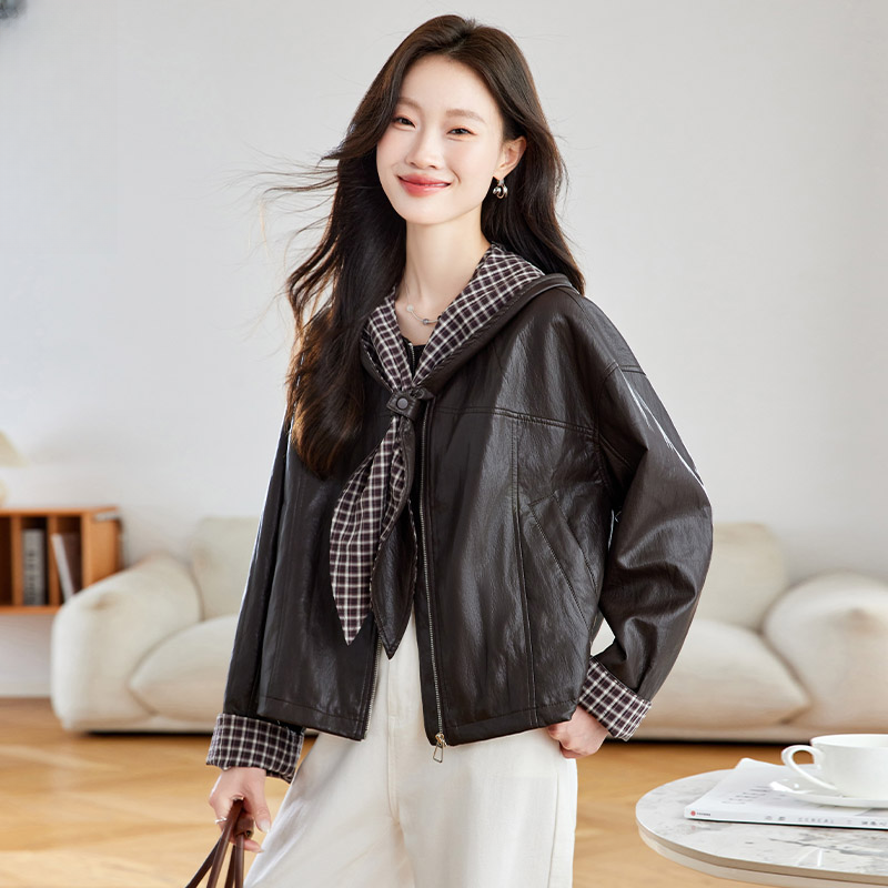 复古格子拼接连帽皮衣外套女2025秋新款设计感宽松短款机车服夹克