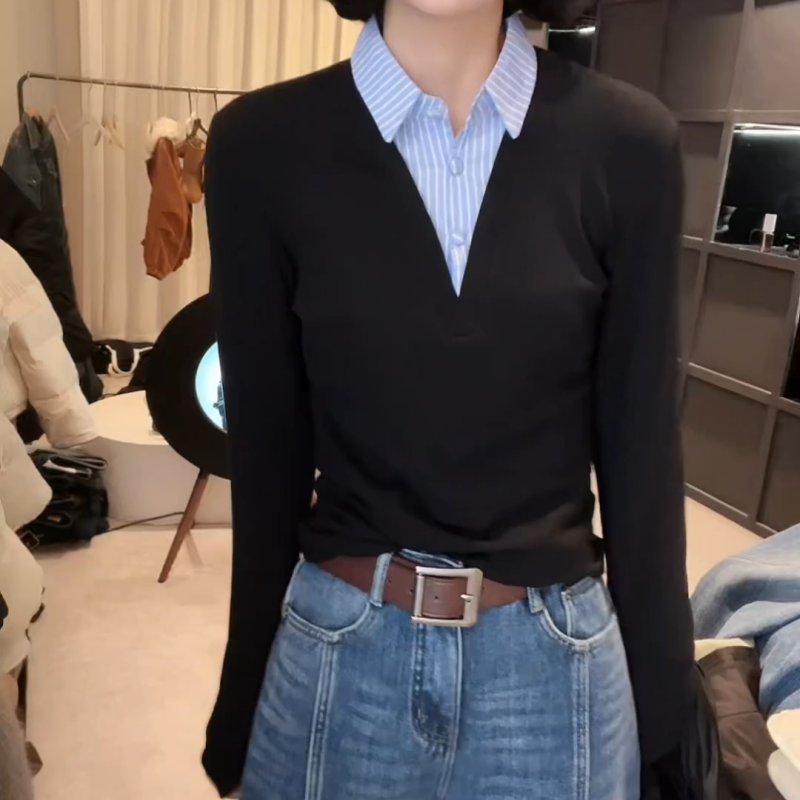 新款衬衫领设计感百搭长袖显瘦上衣款女LK2509099