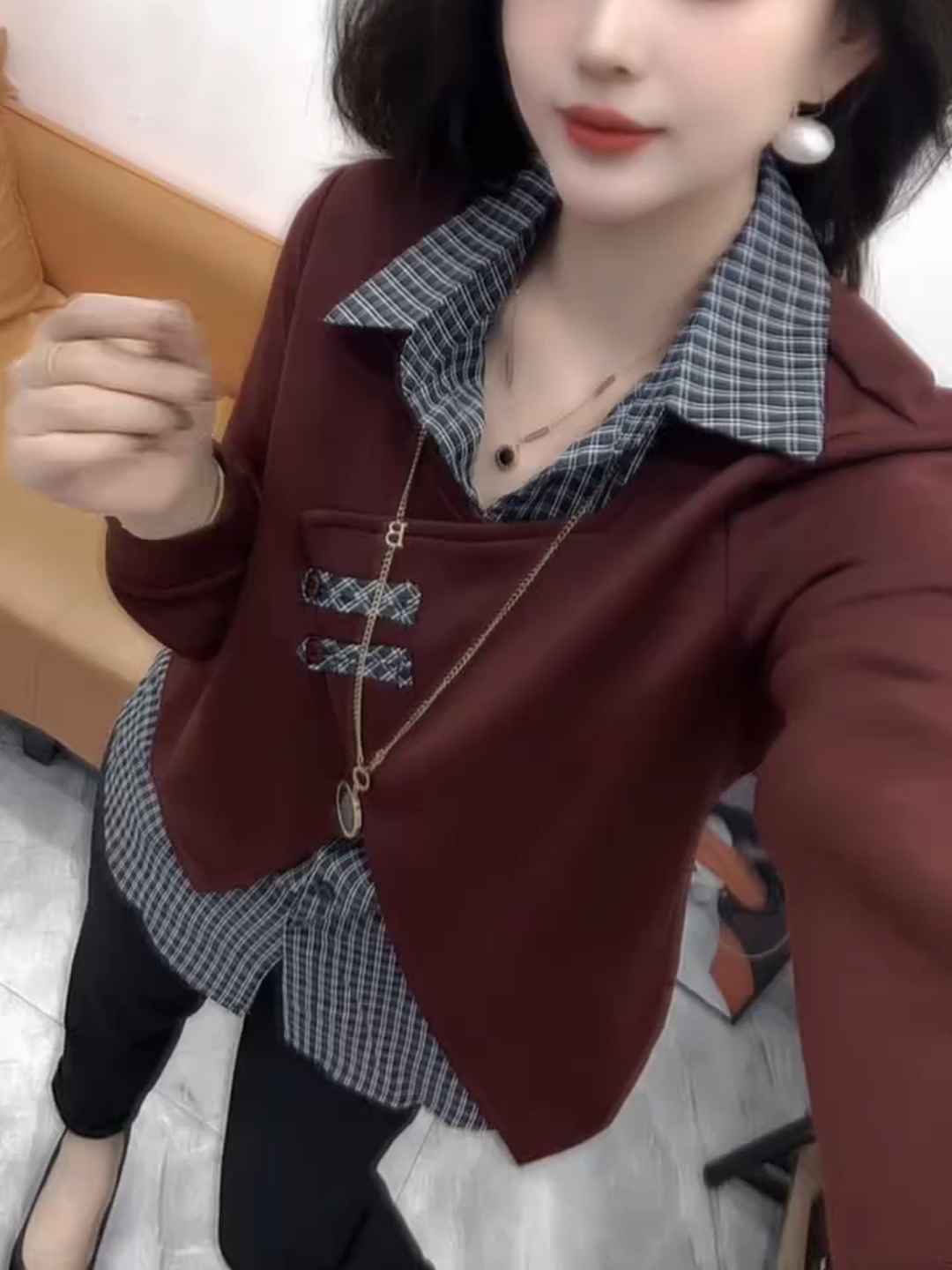 假两件长袖衬衫女2025秋季新款洋气显瘦宽松拼接百搭翻领衬衣上衣