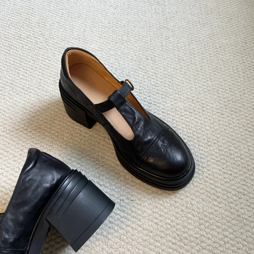 羊皮真皮复古时尚厚底女T字带软底高跟单鞋圆头粗跟百搭小众鞋子