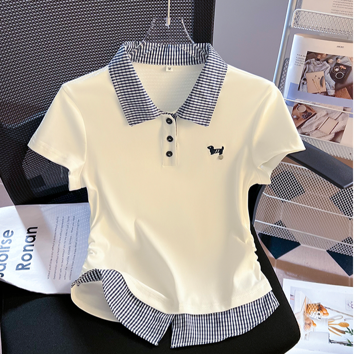 2025小清新格纹拼接假两件Polo领上衣夏装爆款刺绣修身短袖T恤女