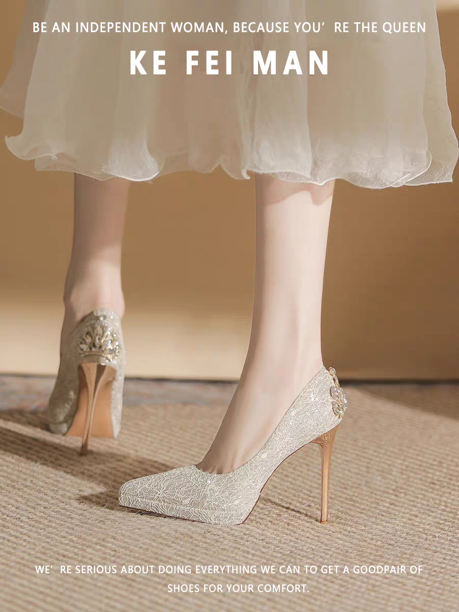 【珂菲曼】防水台高跟鞋女尖头细跟超高跟婚鞋禾秀婚纱两穿新娘鞋