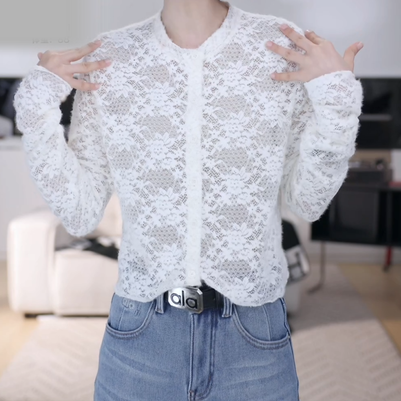 2025新款蕾丝提花圆领开衫法式烂漫穿搭打底上衣LK2507863