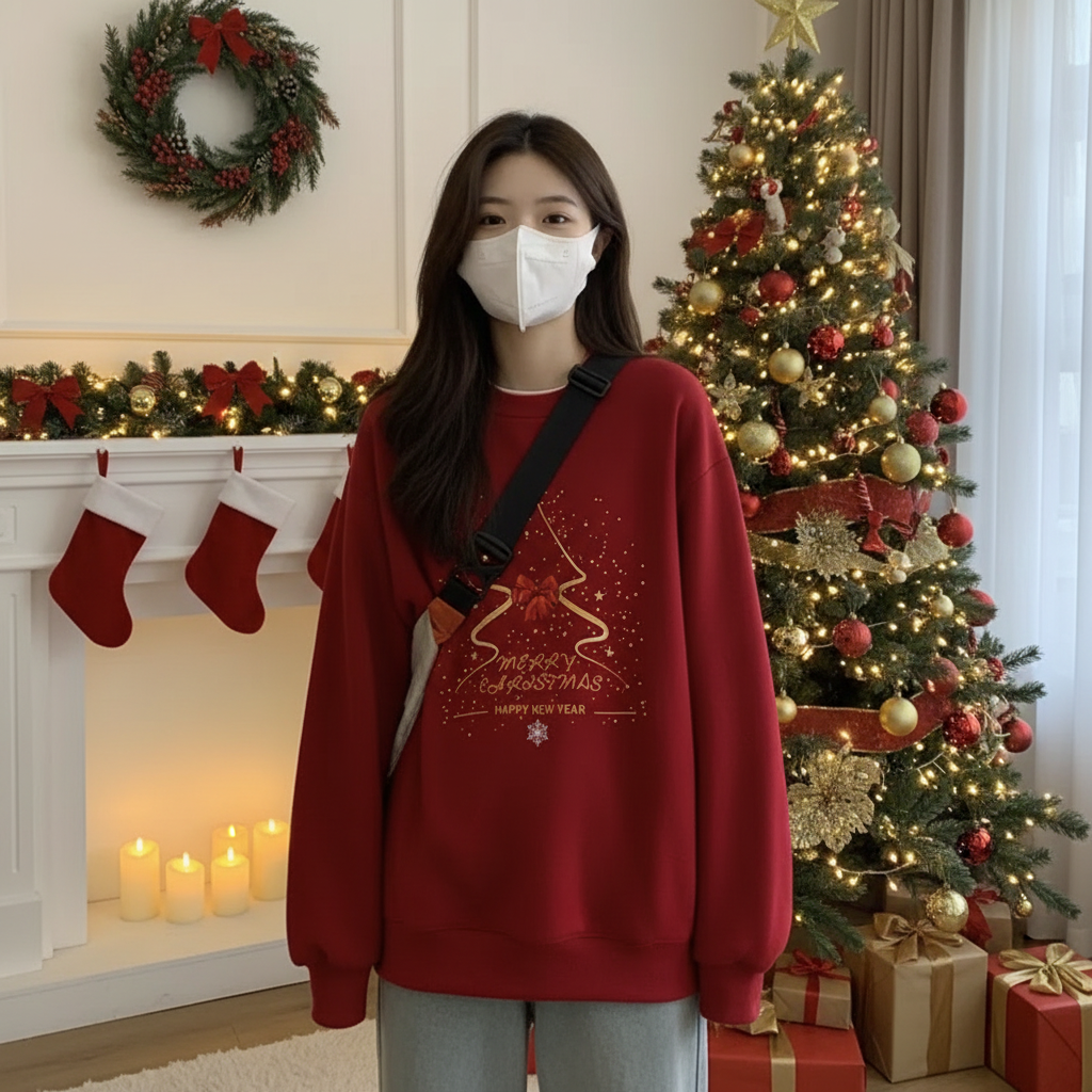 马年本命年喜庆洋气圣诞卫衣女酒红色美式复古加绒加厚上衣秋冬季