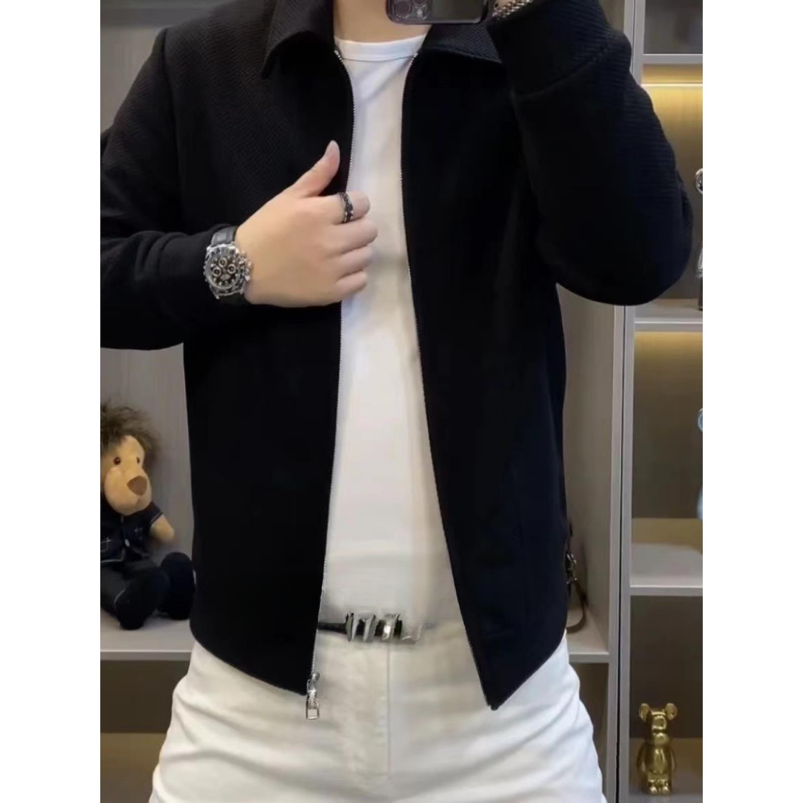 HKYC秋冬季加绒新款男士翻领夹克外套修身休闲颗粒感纹路长袖上衣