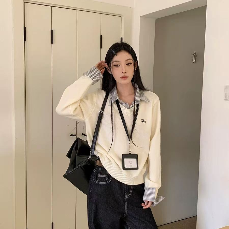 毛衣女慵懒风2025秋冬宽松百搭高级感假两件拼接格子针织上衣