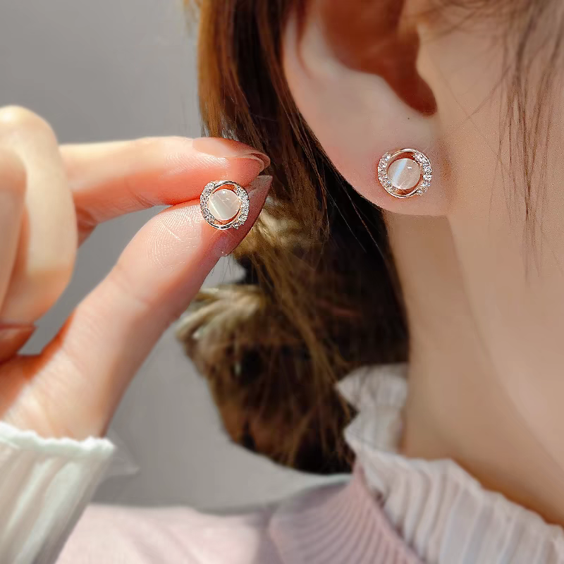 磁铁锆石耳饰 高级玫瑰金猫眼石圆圈耳环女2025新气质养耳洞耳饰
