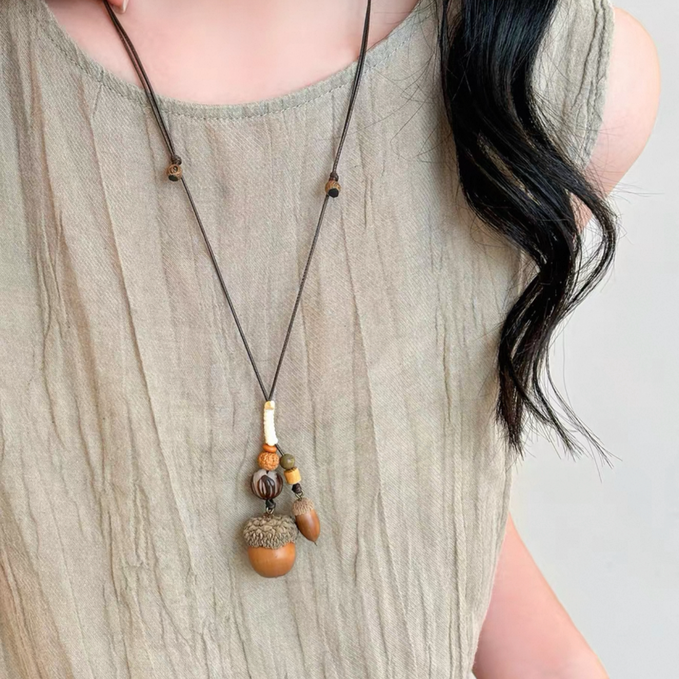 非金属木质项链 新中式长款橡果吊坠项链女民族风禅意毛衣链C101