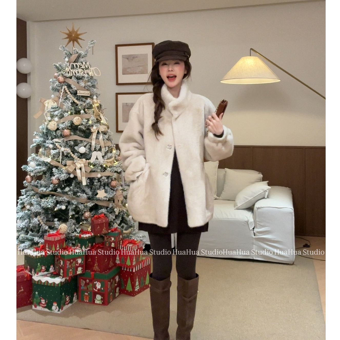 【花花】满分小貂~韩系双色加厚软乎乎环保貂毛中长款立领外套