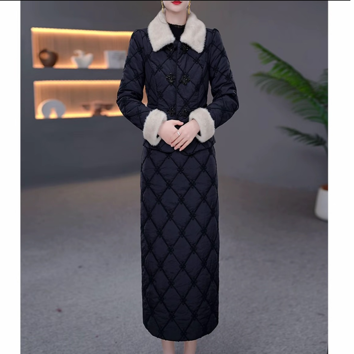 DBF-25B518新款小香风带毛领气质轻奢夹棉套装ins连衣裙冬季M-5XL