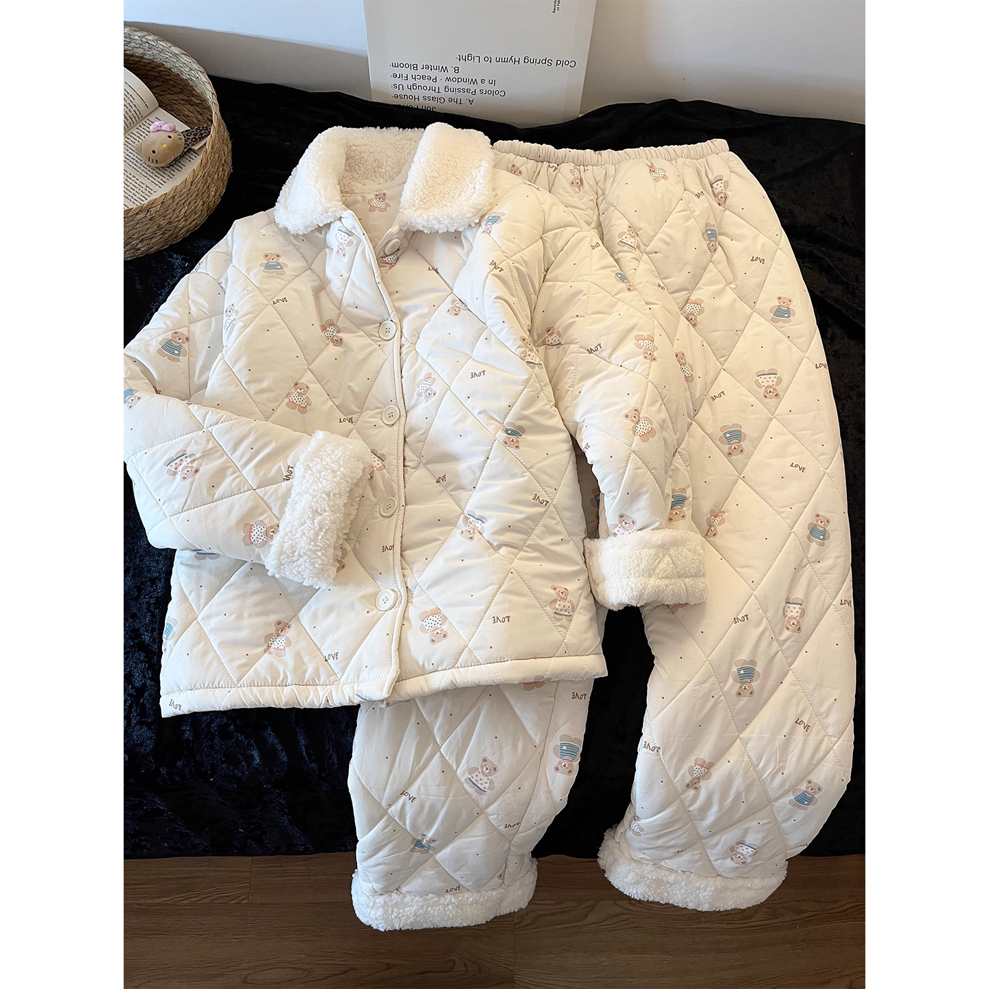 韩版可爱印花夹棉睡衣女2025秋冬季毛绒绒加厚棉服保暖家居服套装