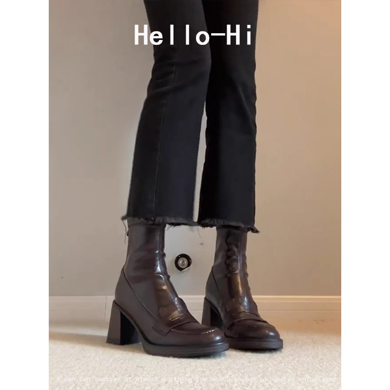 牛皮版~英伦风时尚弹力瘦瘦靴女小个子高跟简约通勤新款复古短靴