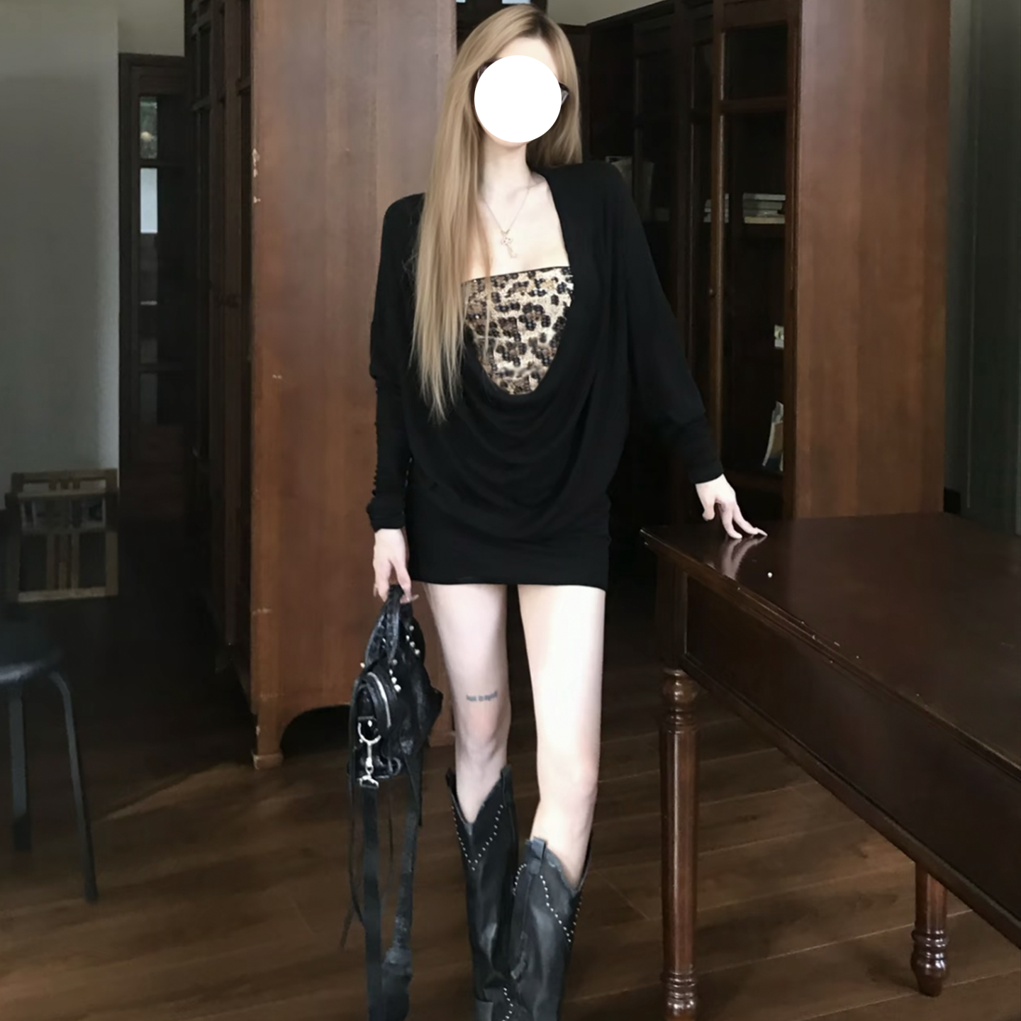 改良200斤胖贝贝千禧辣妹风豹纹抹胸荡领长袖显瘦连衣裙