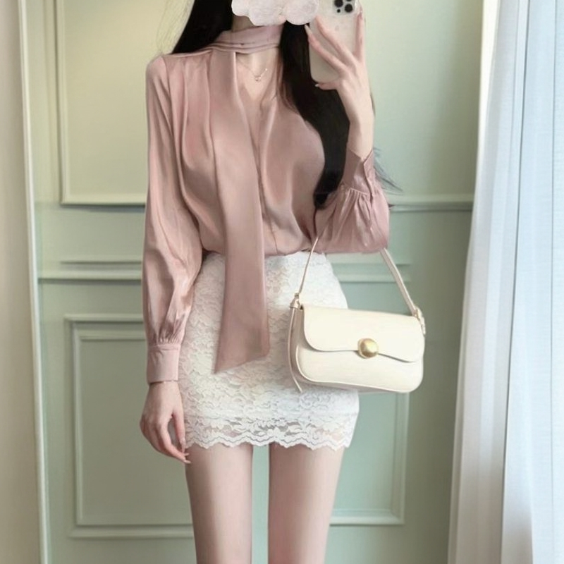 轻熟风套装裙系带衬衫纯欲金秘书飘带长袖上衣时尚包臀短裙两件套
