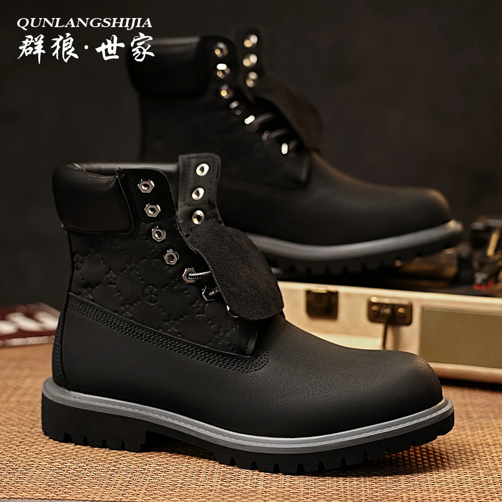群狼·世家男靴高帮休闲鞋大黄靴内增高秋冬马丁靴男潮流百搭皮靴