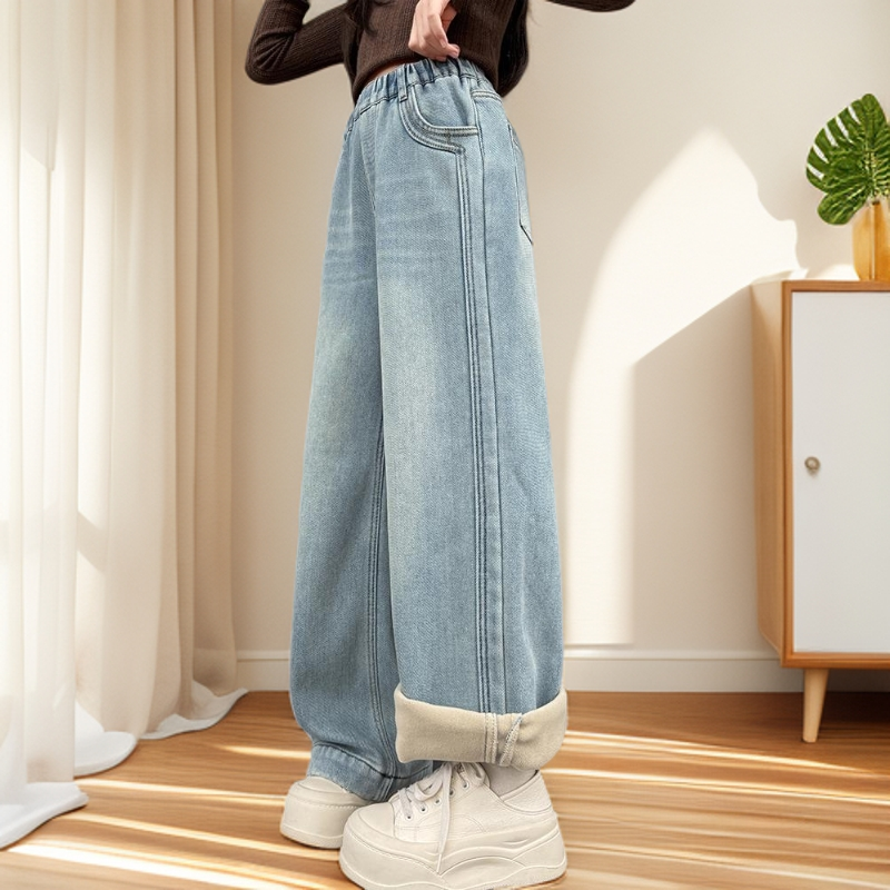 女童加绒牛仔裤秋冬款儿童一体绒直筒冬季大童阔腿裤12岁女孩裤子