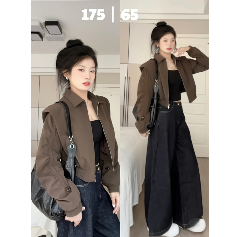 美式短外套2025正肩美拉德上衣深蓝色大喇叭牛仔裤垂感阔腿长裤子