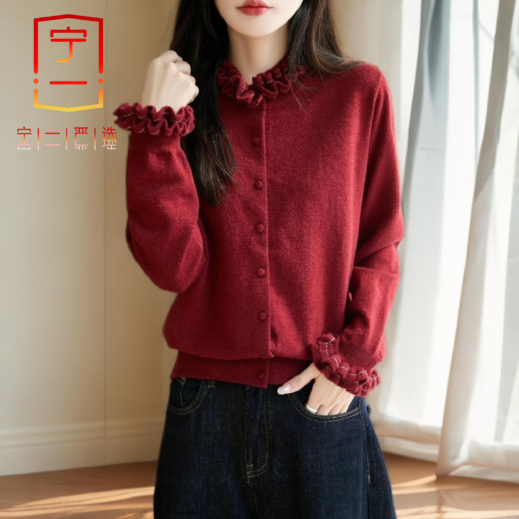 【宁一女装】秋冬新款糯米绒法式圆领木耳边针织开衫气质内搭打底衫