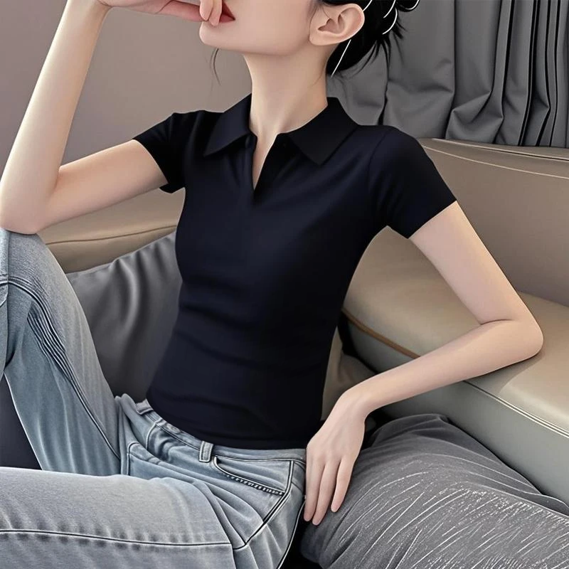 2025新款夏季polo领黑色百搭修身百搭设计感正肩短袖T恤女上衣潮
