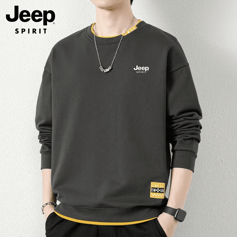 JEEP吉普圆领卫衣男士春秋宽松大码套头长袖T恤百搭青年上衣潮流