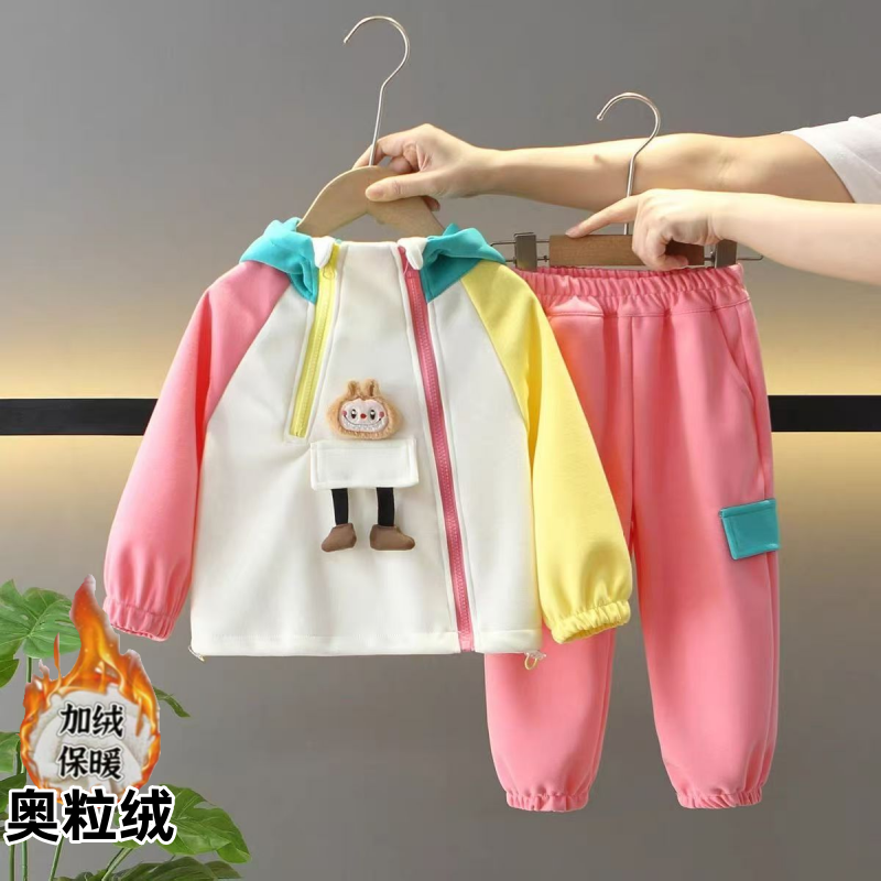 女童冬季套装2025新款拉布布中小童连帽加绒加厚保暖卫裤两件套潮