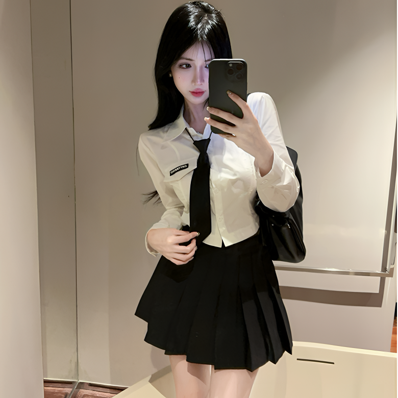 jk制服套装春秋收腰衬衣学院风纯欲性感辣妹长袖衬衫百褶裙工作服