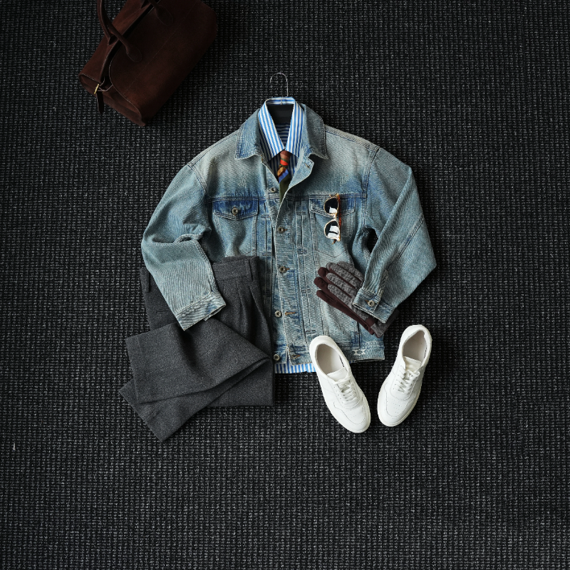 CssuGent秋冬季复古重工水洗翻领牛仔夹克男休闲翻领老钱风外套潮