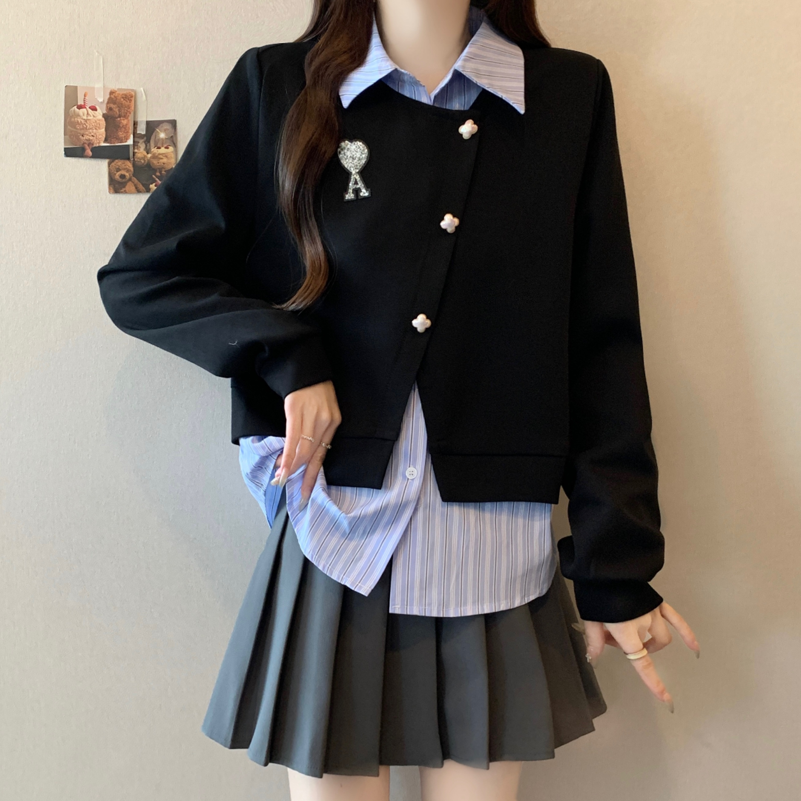 大码假两件条纹衬衫拼接卫衣女春秋微胖MM宽松显瘦洋气POLO领上衣