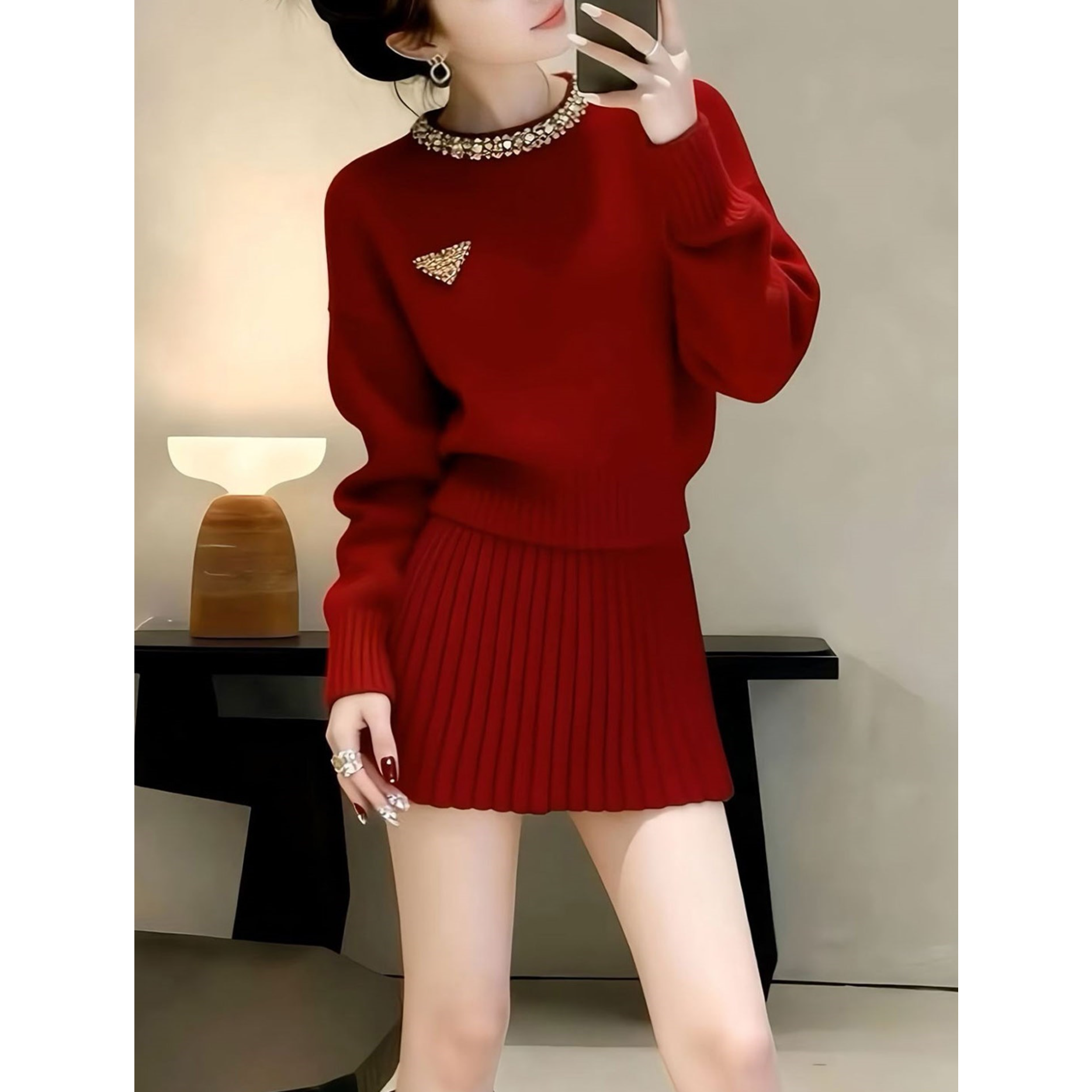 法式高级感一整套装女2025年冬季新款气质设计红色上衣时尚半身裙