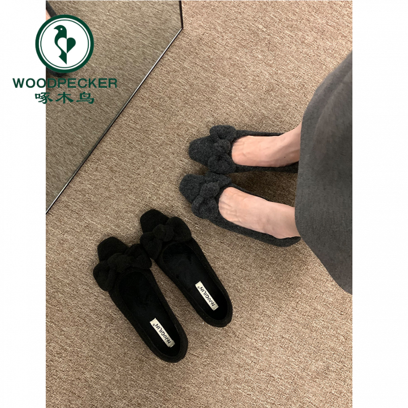 啄木鸟内增高毛毛鞋女2025秋冬新款保暖加绒大蝴蝶结浅口单鞋百搭
