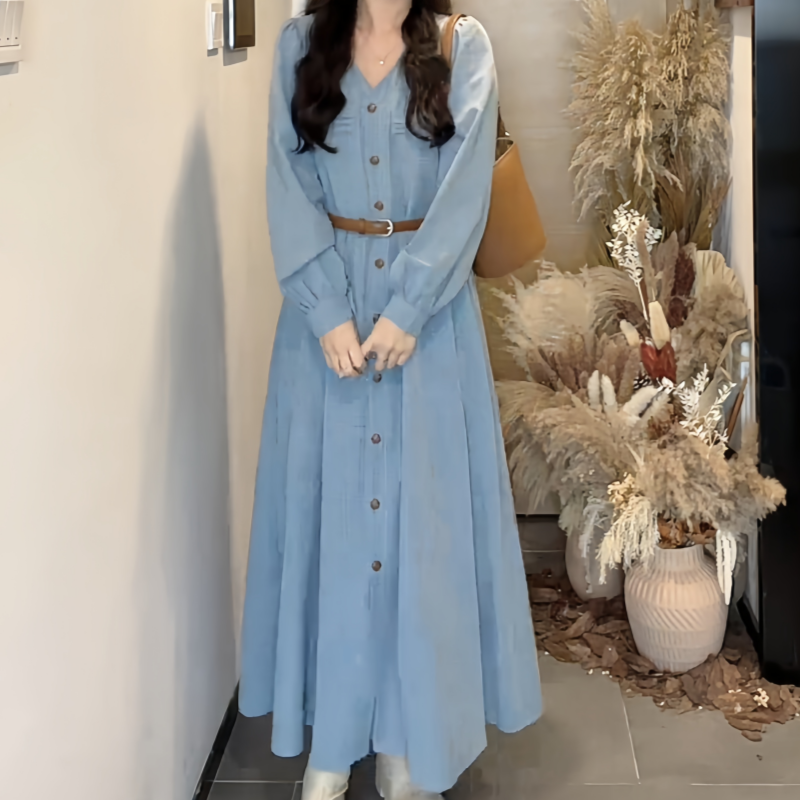 法式V领蓝色长袖连衣裙女早秋新款高级设计感气质A字裙氛围感长裙