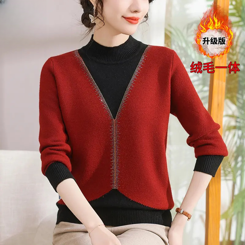 假两件针织衫毛衣秋冬季新款女士绒毛一体上衣妈妈烫钻气质打底衫