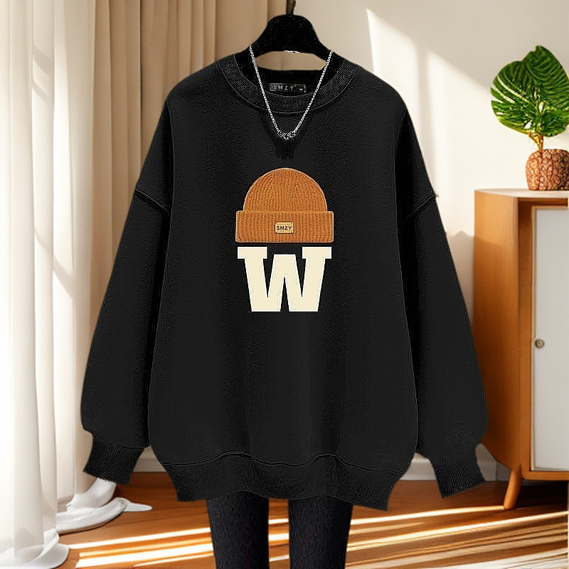 春秋冬新款韩版带帽字母薄款宽松圆领套头卫衣女加绒厚中长款女士