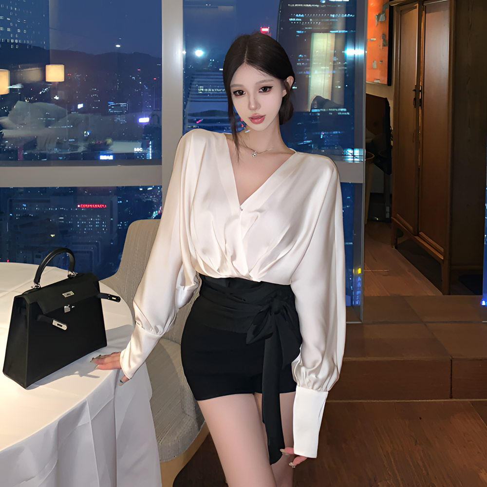 秋冬新款法式复古爆款黑色缎面气质衬衫洋气收腰显瘦长袖上衣女