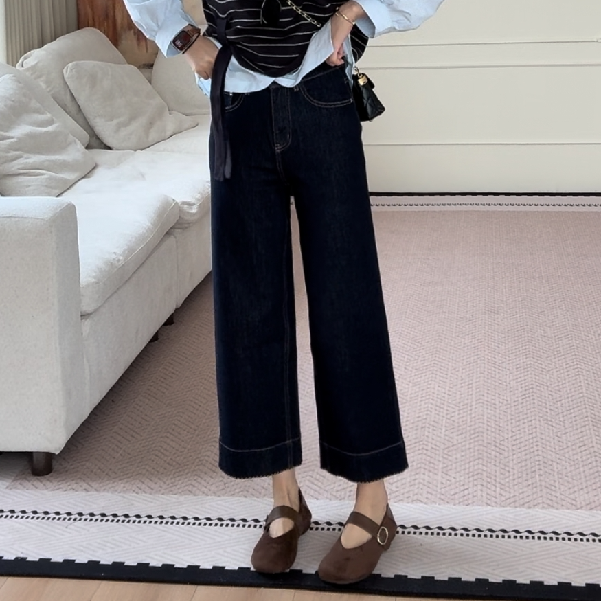 【余欢欢】秋季休闲百搭显瘦刺绣波浪边四面弹九分牛仔裤-YHK50310