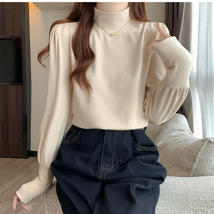 半高领泡泡袖内搭长袖T恤女2025年秋冬宽松显瘦上衣打底衫2580