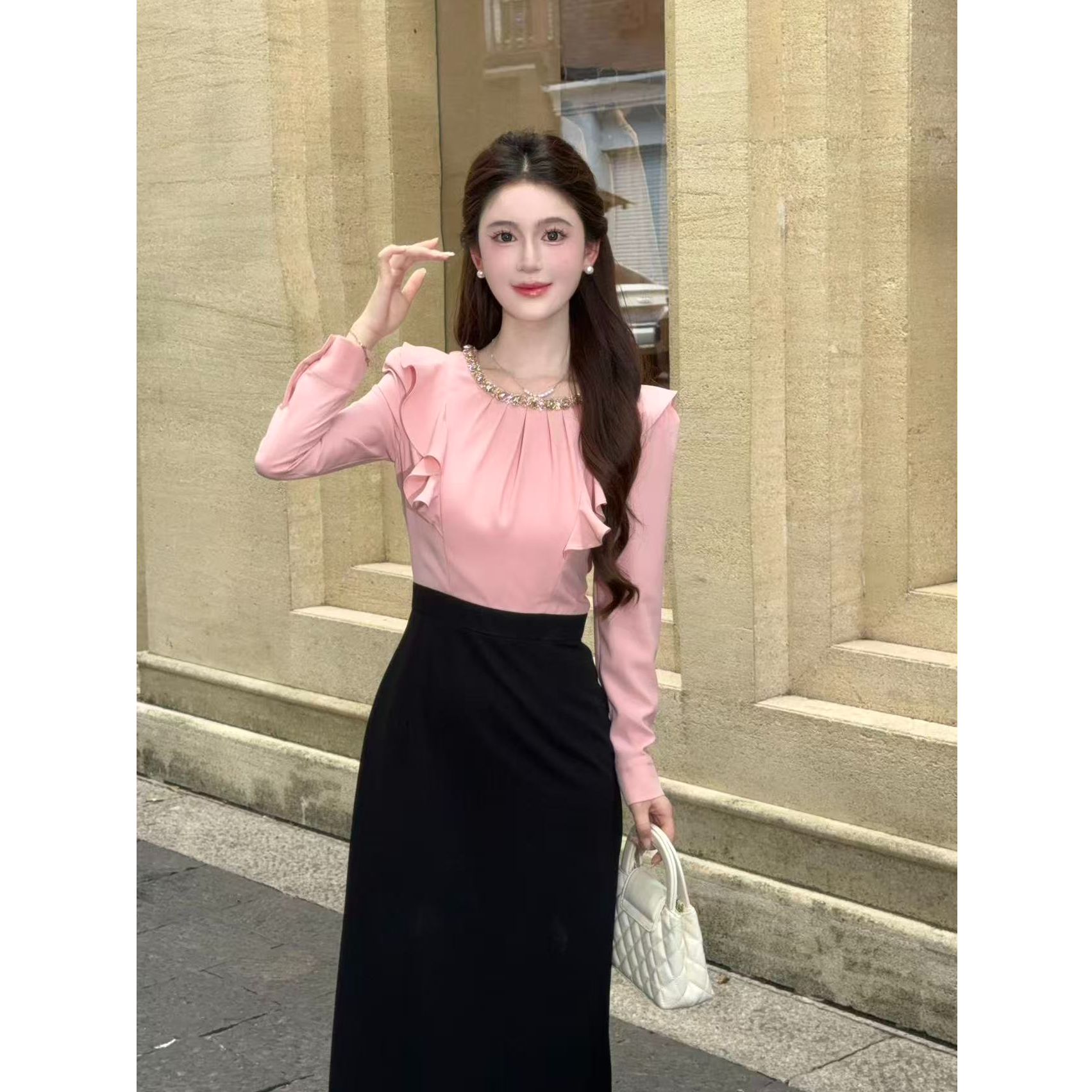 【古早千金】LiLi李李小香风时尚感甜美粉拼黑收腰连衣裙XMZH8789