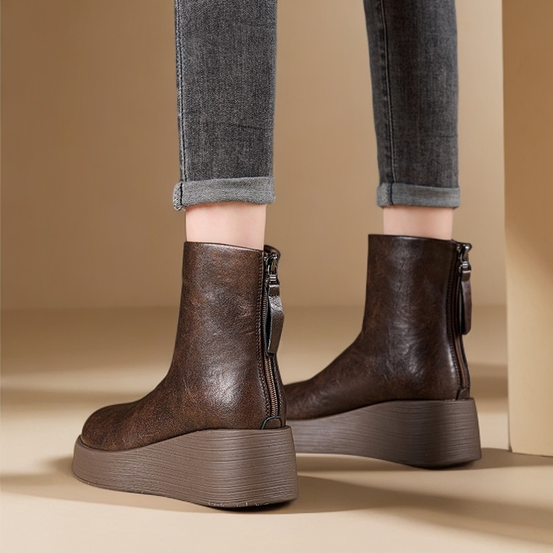 增高7CM时尚百搭真皮舒适马丁靴女秋冬牛皮鞋圆头厚底短靴F88011