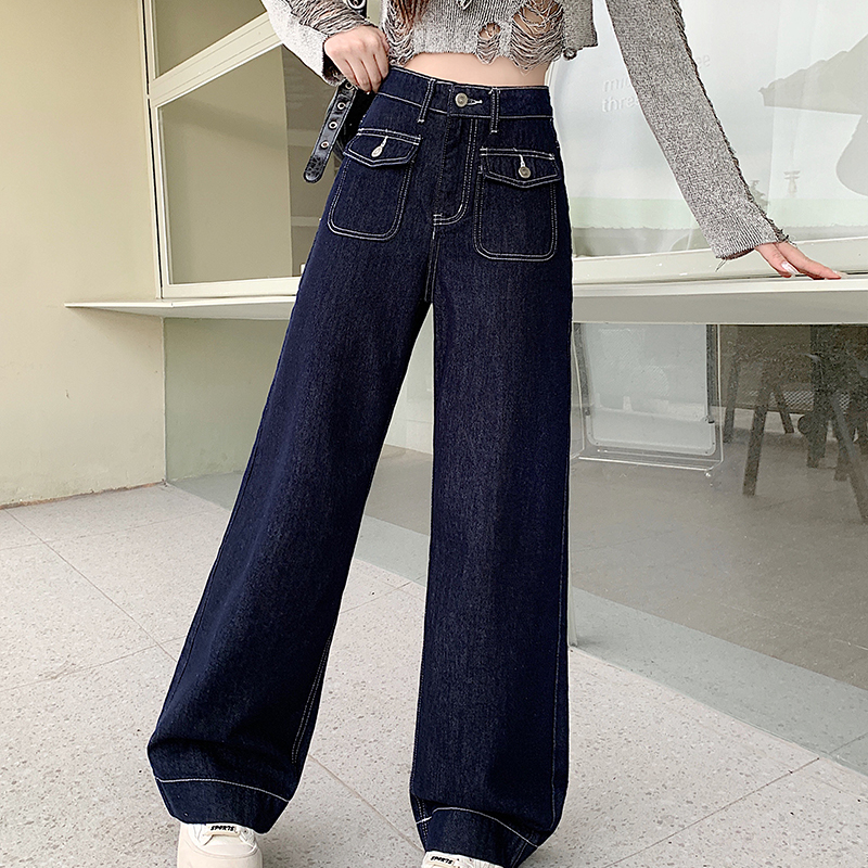 MZ065大码女装2025春秋新款蓝高腰阔腿牛仔长裤宽松显瘦直筒裤
