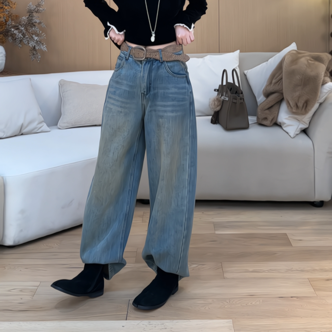 欧尼私服2025秋冬新款小众设计极简加绒加厚休闲牛仔裤2512C9105