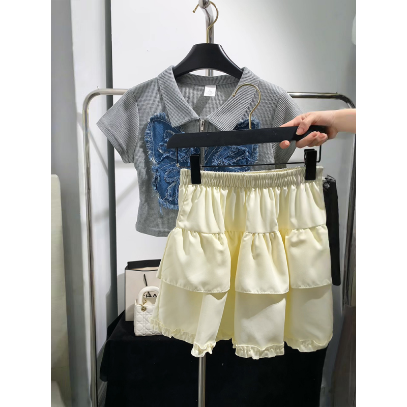 夏季女休闲套装POLO领短袖显瘦蛋糕裙短裙设计感一整套甜美多巴胺