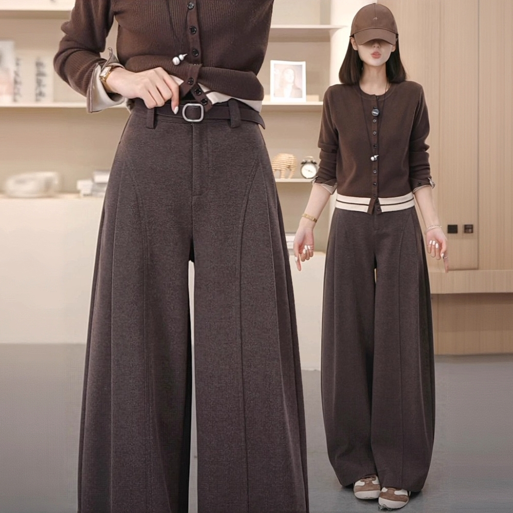毛呢阔腿贝斯裤女秋冬2025新款高腰宽松休闲直筒裤遮胯显瘦弯刀裤