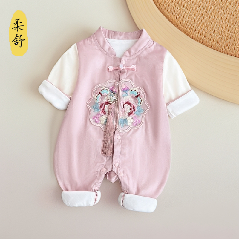 婴儿春装女宝宝百天衣服满月中式连体衣春秋款周岁礼服外出服春季